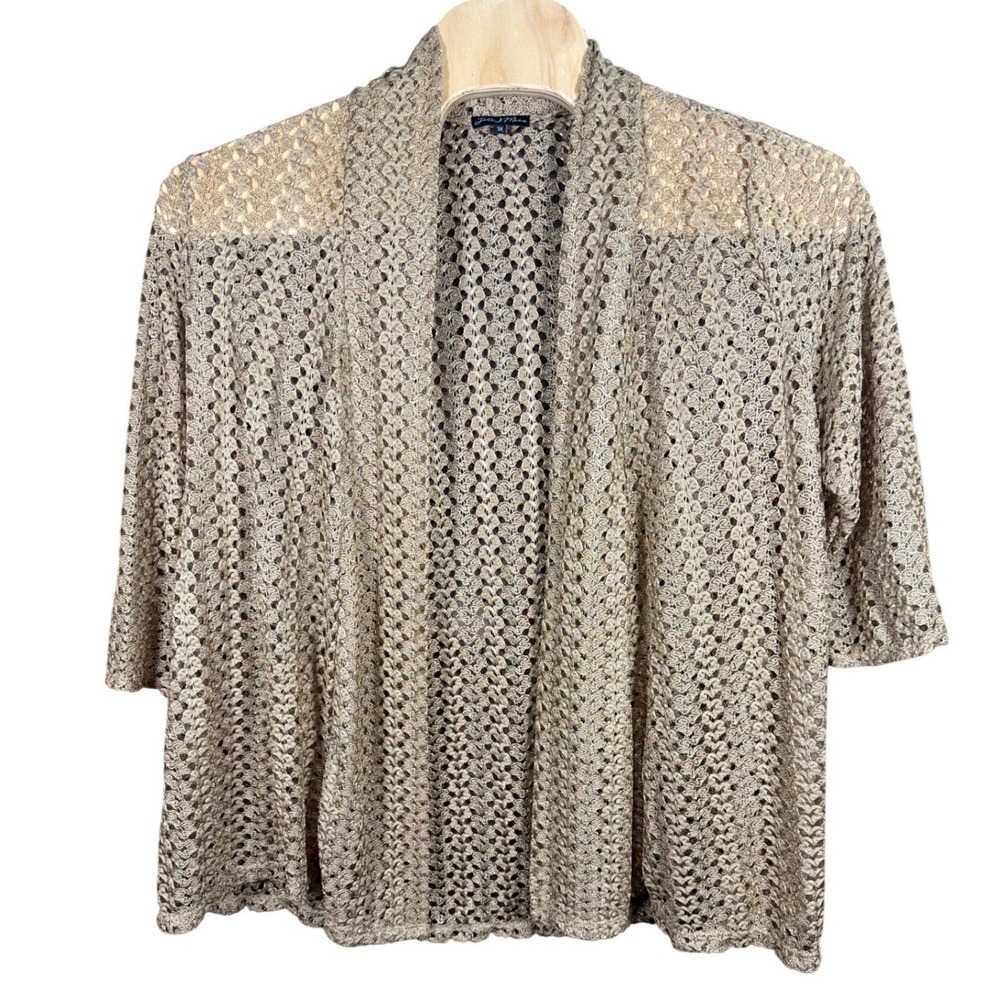 Jade Moon Women 3X Gold Metallic Crochet Open Front Cardigan 3/4 Sleeve Shimmer